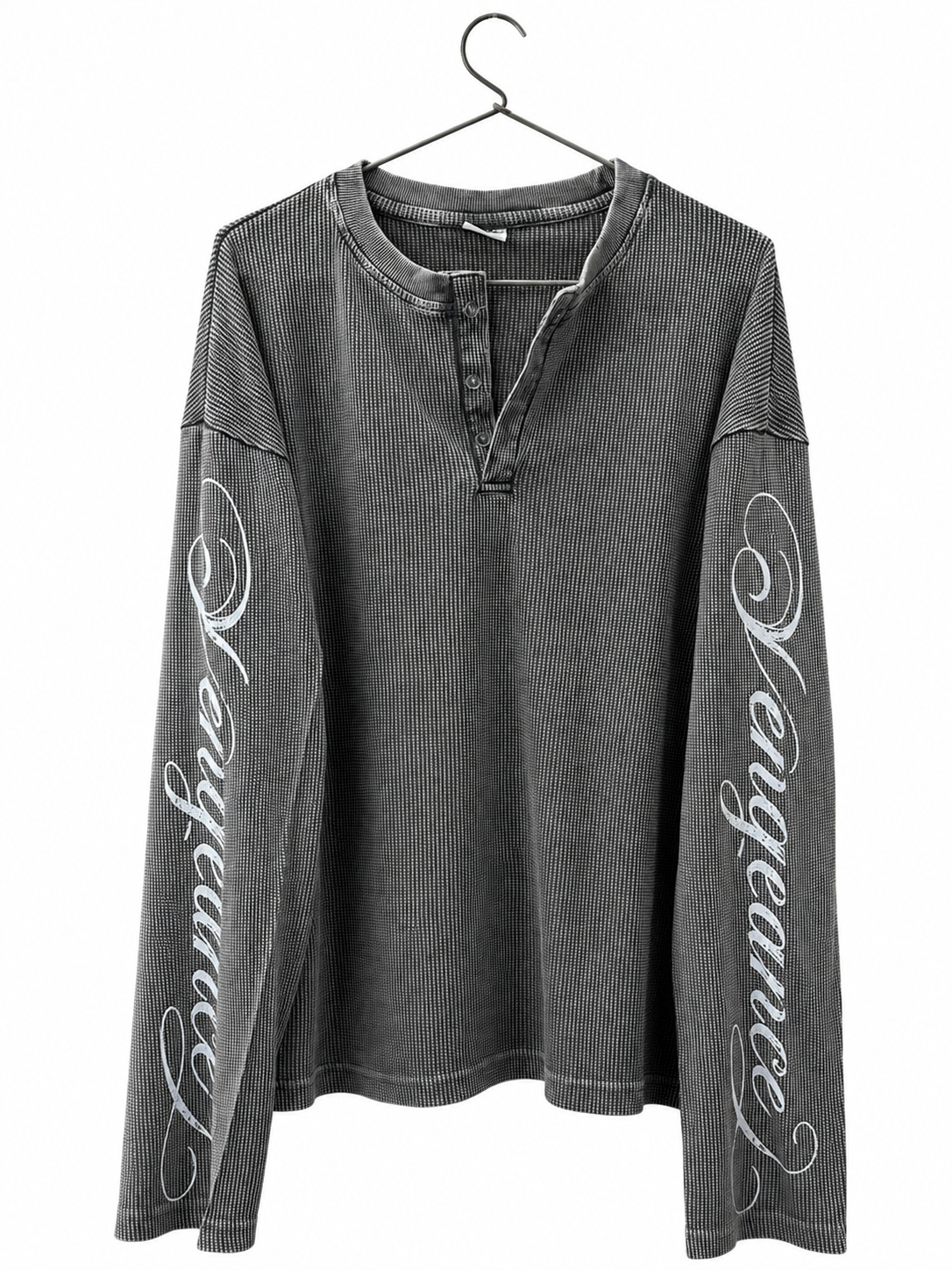 PREMIUM OVERSIZED WASHED LONG SLEEVE HENLEY T-SHIRT (BOXY FIT) GREY WASHED