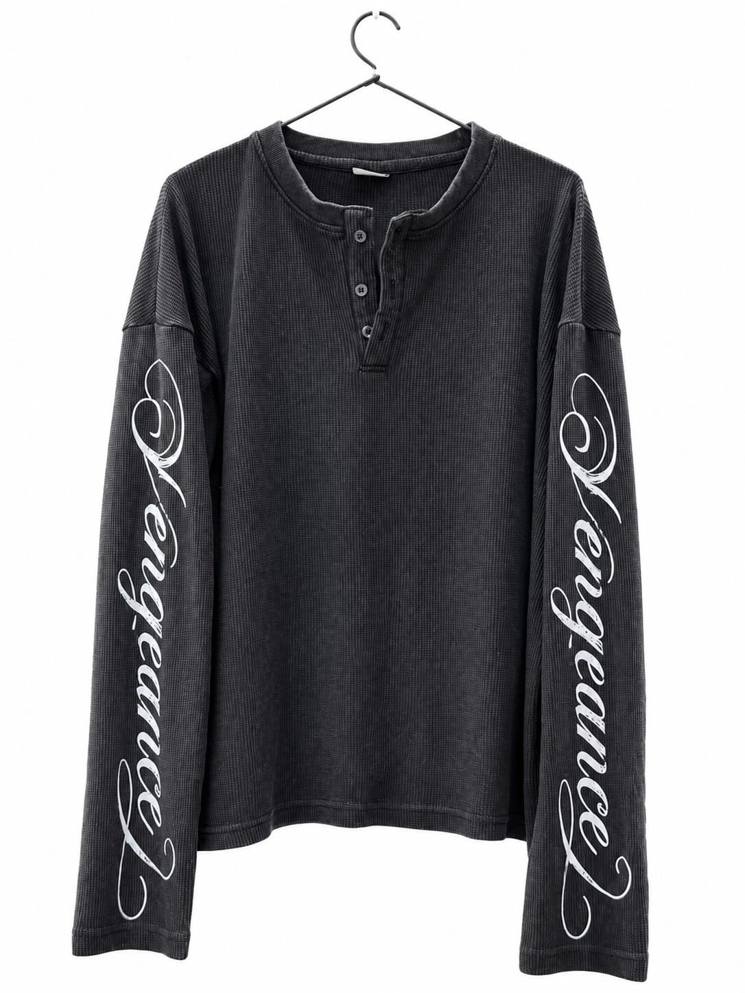 PREMIUM OVERSIZED WASHED LONG SLEEVE HENLEY T-SHIRT (BOXY FIT) BLACK WASHED