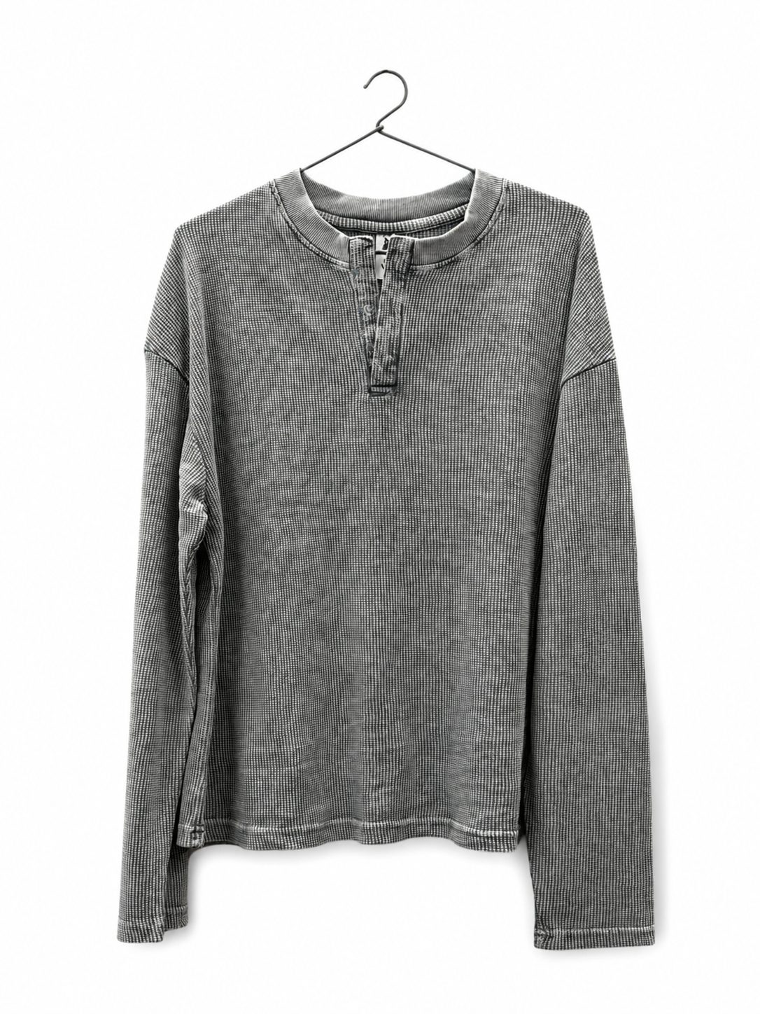 PREMIUM OVERSIZED HENLEY (Grey acid wash) PLAIN WAFFLE LONG SLEEVE BOXY-FIT T-SHIRT
