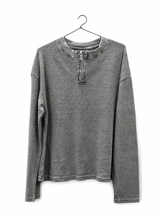 PREMIUM OVERSIZED HENLEY (Grey acid wash) PLAIN WAFFLE LONG SLEEVE BOXY-FIT T-SHIRT