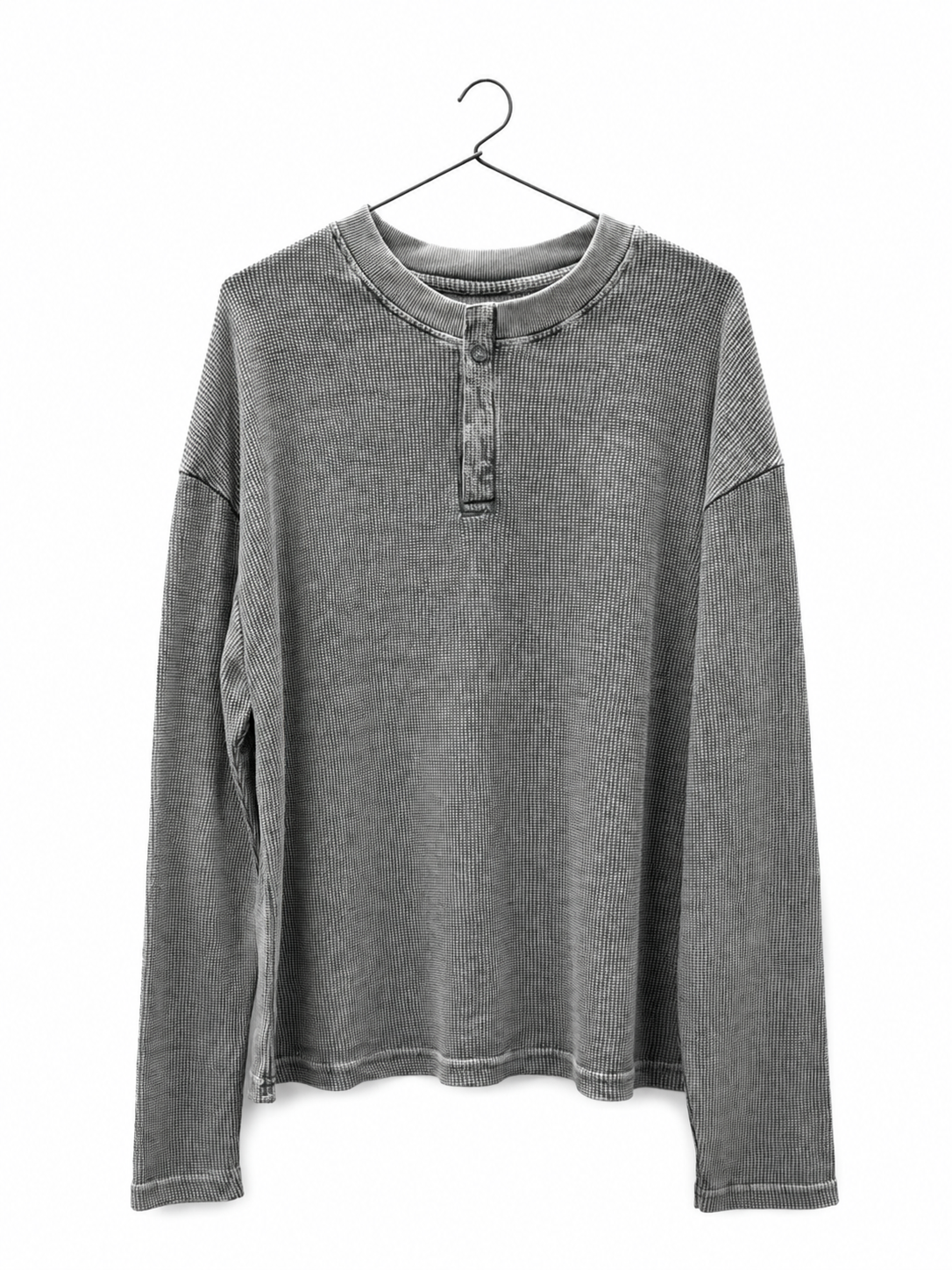 PREMIUM OVERSIZED HENLEY (Grey acid wash) PLAIN WAFFLE LONG SLEEVE BOXY-FIT T-SHIRT