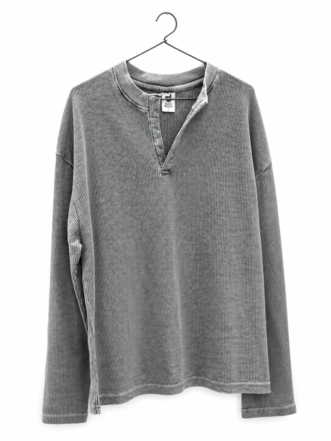 PREMIUM OVERSIZED HENLEY (Grey acid wash) PLAIN WAFFLE LONG SLEEVE BOXY-FIT T-SHIRT