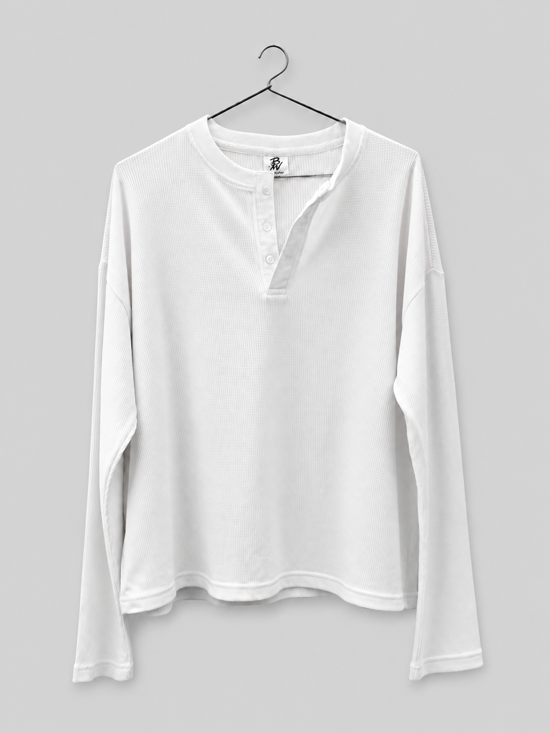 PREMIUM OVERSIZED HENLEY (WHITE) PLAIN WAFFLE LONG SLEEVE T-SHIRT