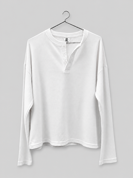 PREMIUM OVERSIZED HENLEY (WHITE) PLAIN WAFFLE LONG SLEEVE T-SHIRT