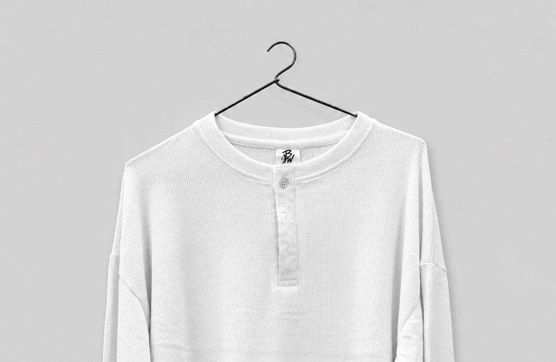 PREMIUM OVERSIZED HENLEY (WHITE) PLAIN WAFFLE LONG SLEEVE T-SHIRT