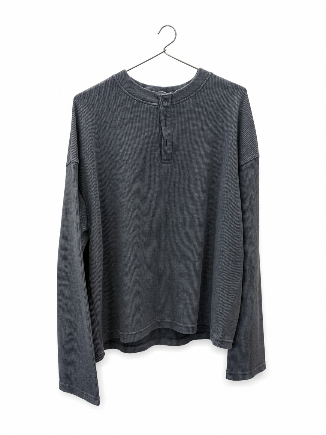 PREMIUM OVERSIZED HENLEY (black acid wash) PLAIN WAFFLE LONG SLEEVE BOXY-FIT T-SHIRT