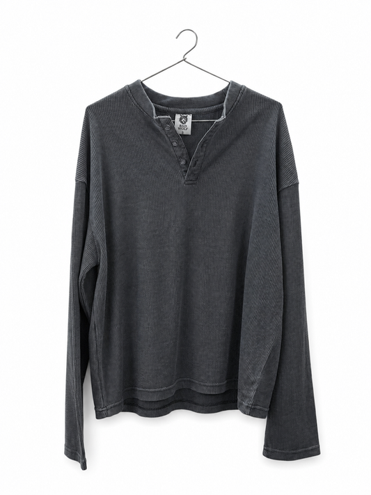 PREMIUM OVERSIZED HENLEY (black acid wash) PLAIN WAFFLE LONG SLEEVE BOXY-FIT T-SHIRT