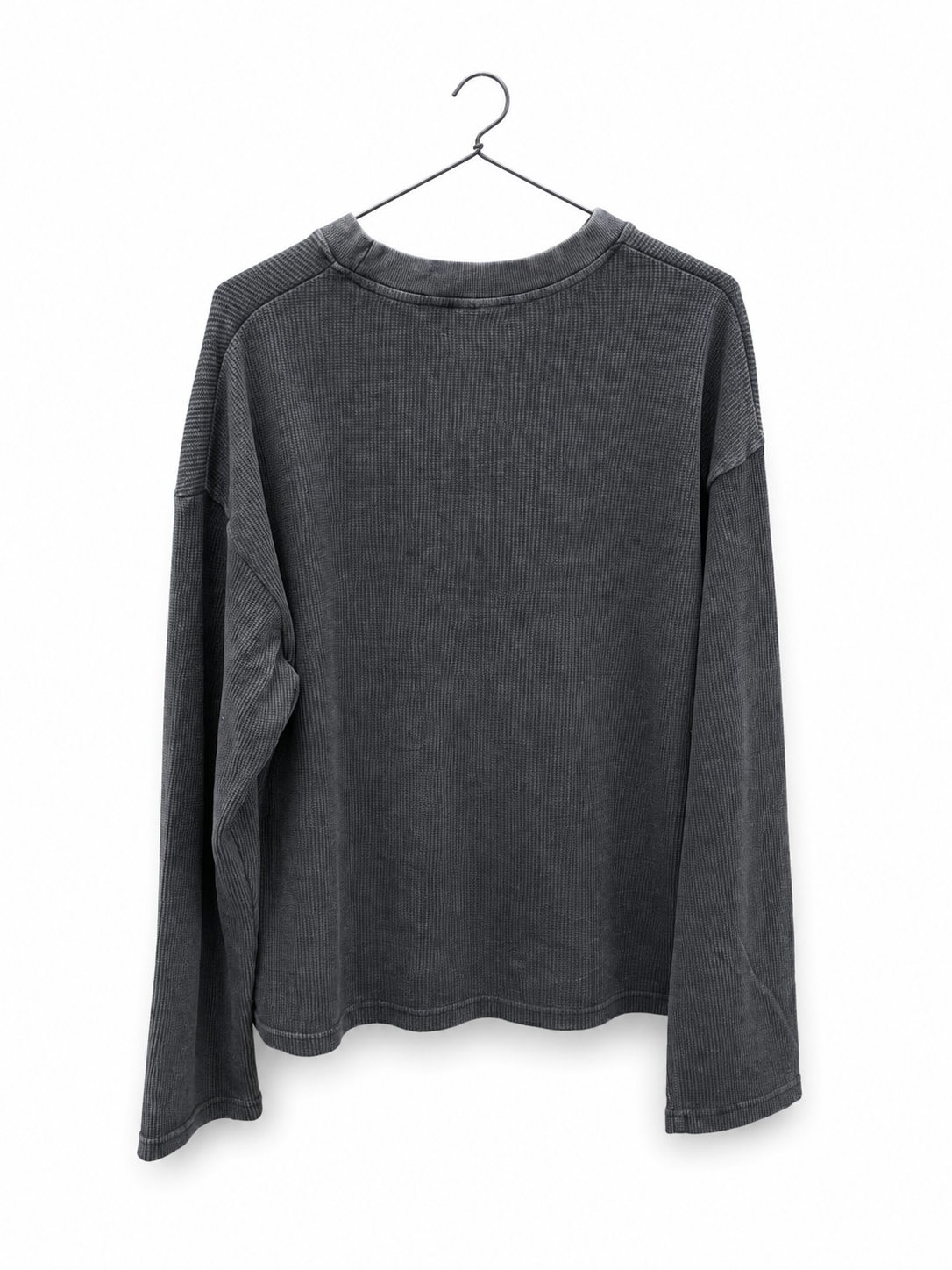 PREMIUM OVERSIZED HENLEY (black acid wash) PLAIN WAFFLE LONG SLEEVE BOXY-FIT T-SHIRT