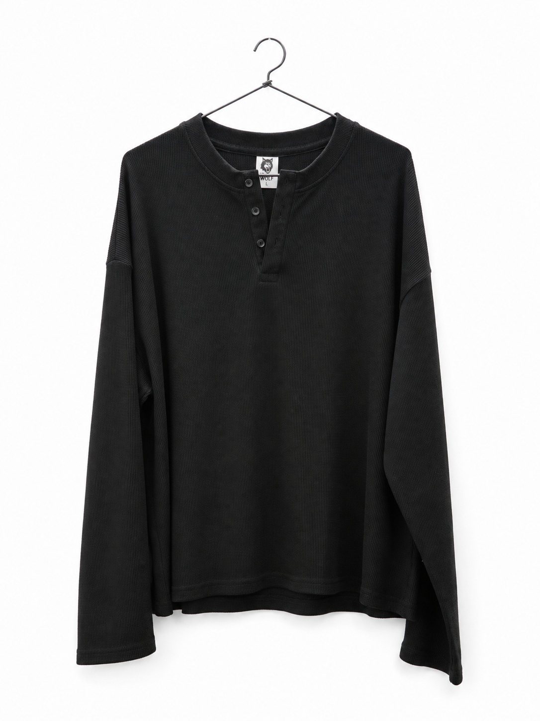 PREMIUM OVERSIZED HENLEY (BLACK) PLAIN WAFFLE LONG SLEEVE T-SHIRT