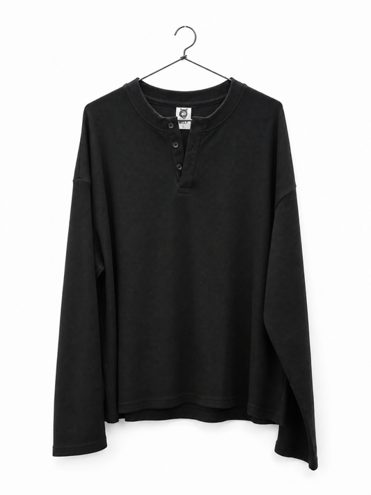 PREMIUM OVERSIZED HENLEY (BLACK) PLAIN WAFFLE LONG SLEEVE T-SHIRT