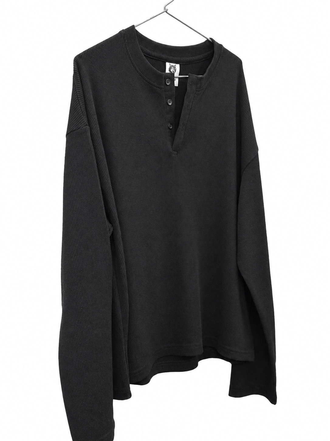 PREMIUM OVERSIZED HENLEY (BLACK) PLAIN WAFFLE LONG SLEEVE T-SHIRT