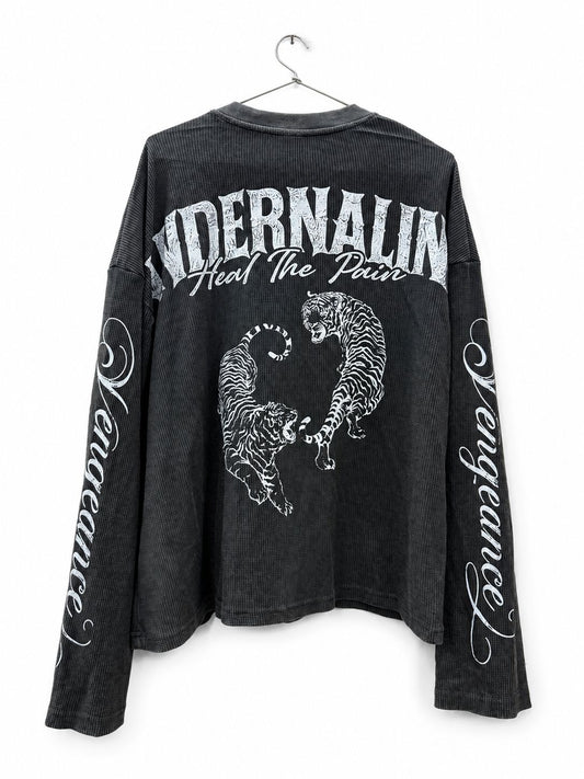 PREMIUM OVERSIZED WASHED LONG SLEEVE HENLEY T-SHIRT (BOXY FIT) BLACK WASHED