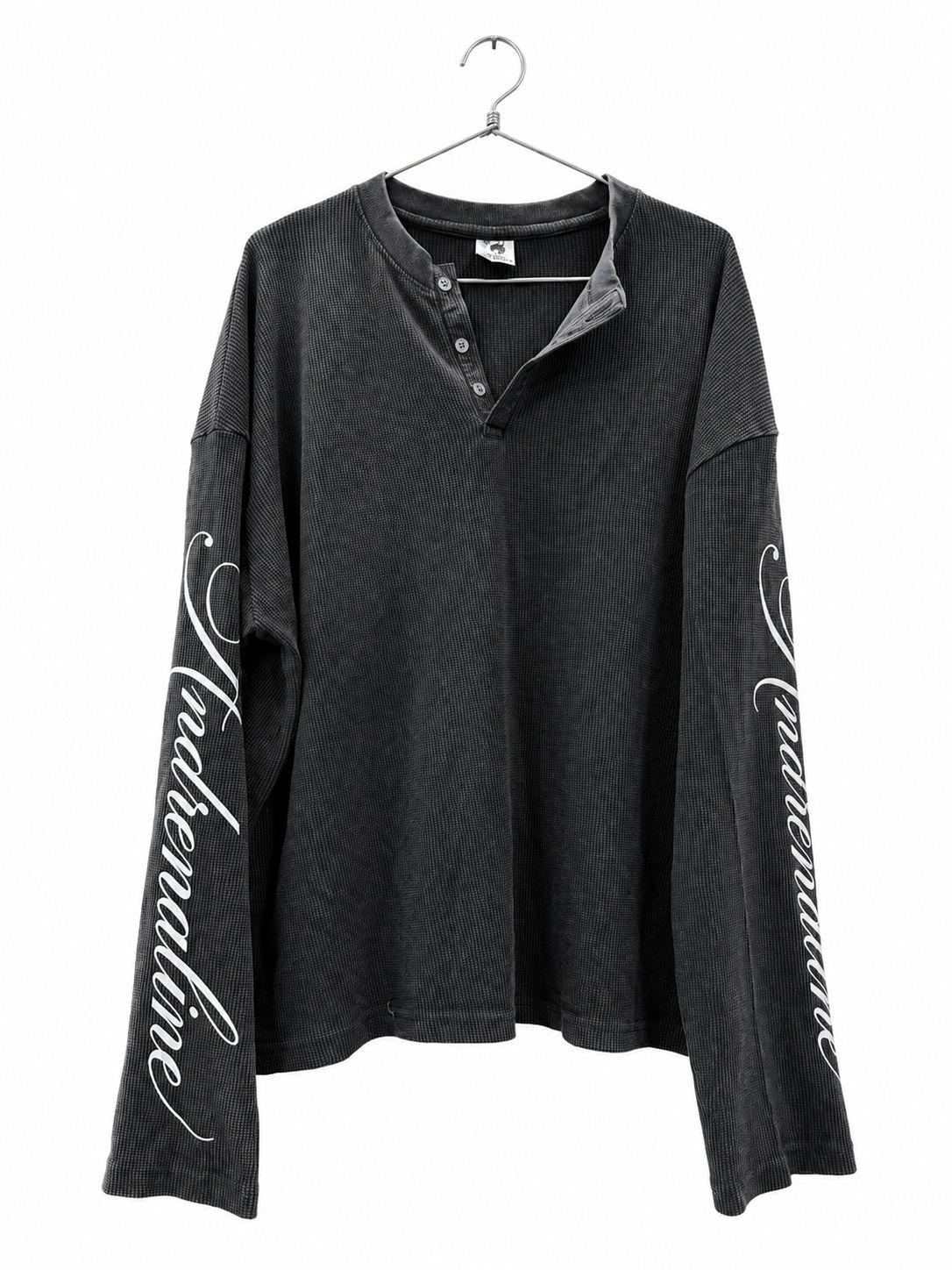 PREMIUM OVERSIZED WASHED LONG SLEEVE HENLEY T-SHIRT (BOXY FIT) BLACK WASHED