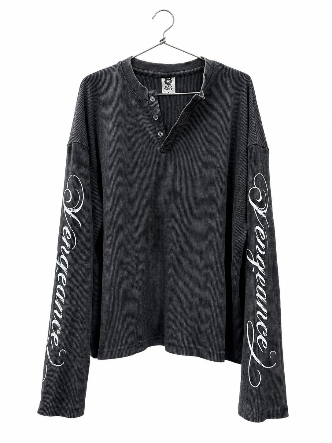 PREMIUM OVERSIZED WASHED LONG SLEEVE HENLEY T-SHIRT (BOXY FIT) BLACK WASHED
