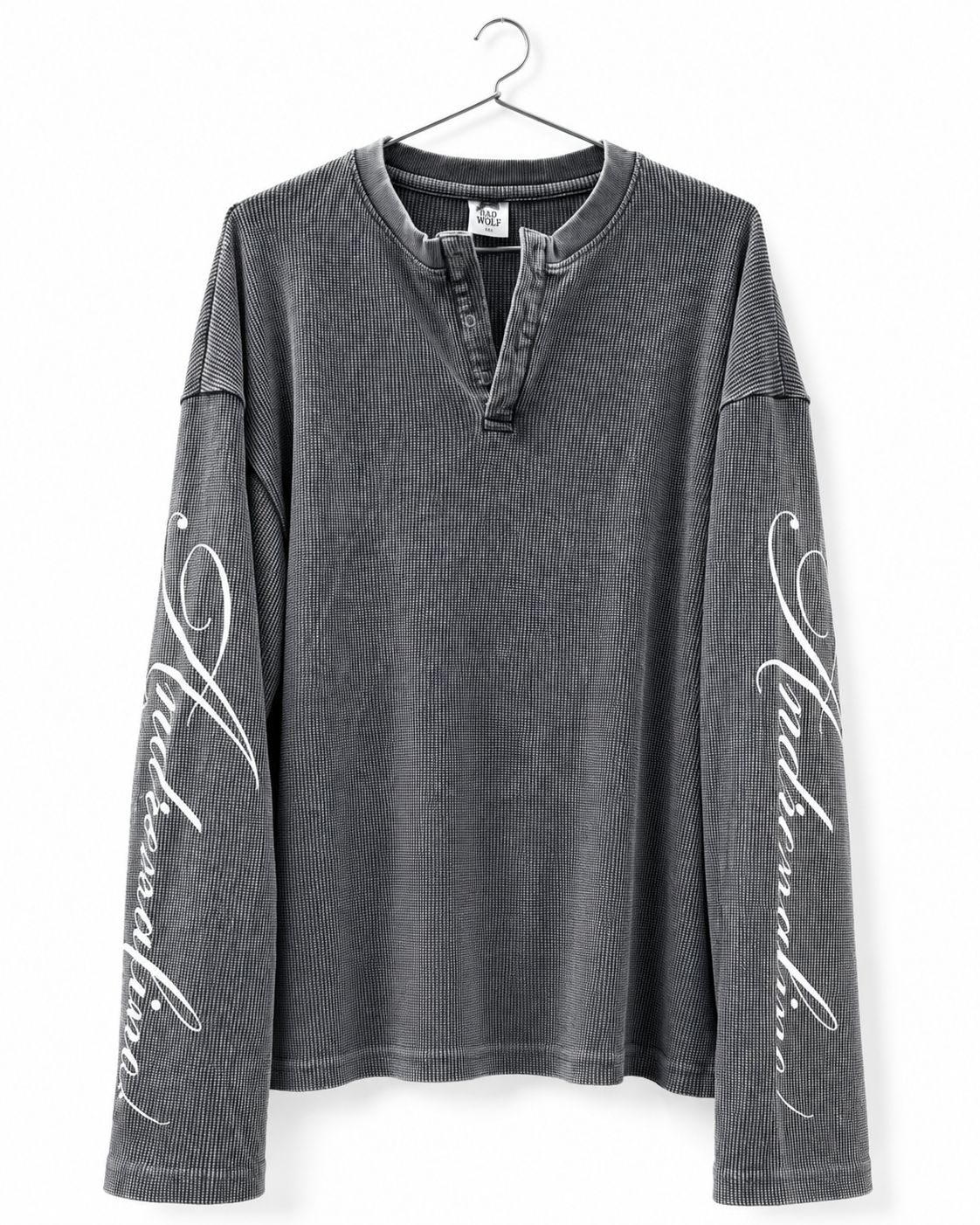 PREMIUM OVERSIZED WASHED HENLEY LONG SLEEVE T-SHIRT (BOXY FIT) GREY