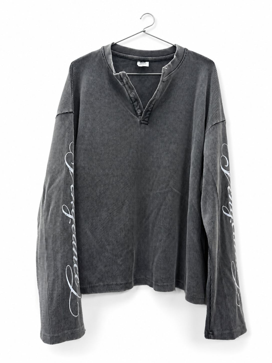 PREMIUM OVERSIZED WASHED LONG SLEEVE HENLEY T-SHIRT (BOXY FIT) GREY WASHED